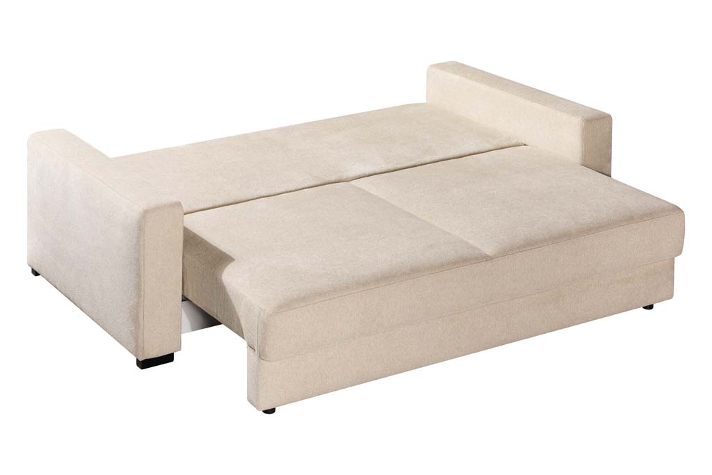 Beiges Schlafsofa, ausgeklappt als Bett