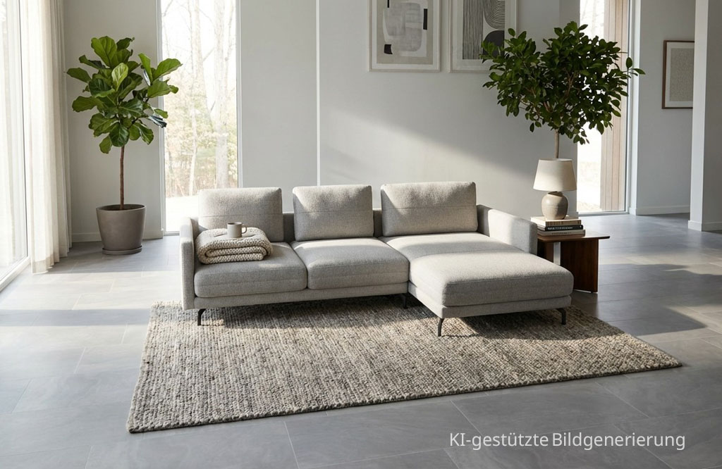 modernes graues Ecksofa, stilvoll dekoriert in einem modernen zimmer