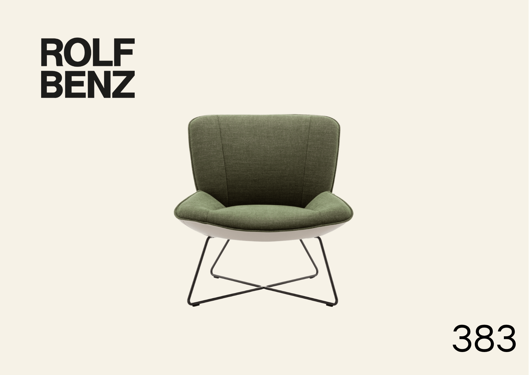 Grüner Polstersessel mit Metallgestell. Aufschrift Bild: Rolf Benz 383.