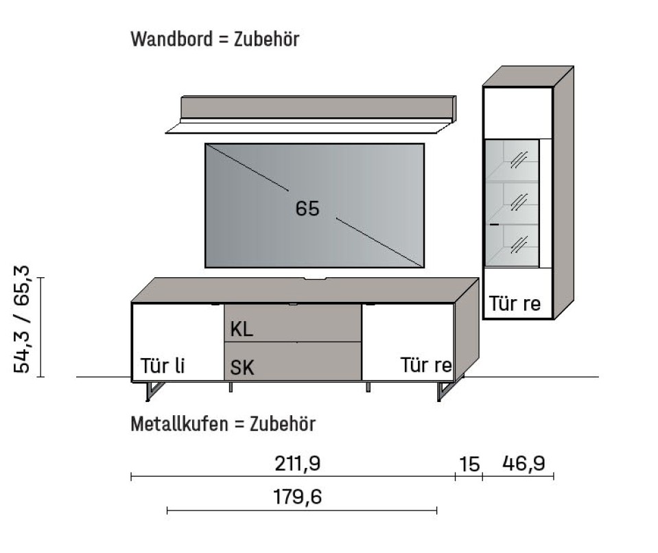 Illustration einer Wohnwand mit Maßangaben vor weißem Hintergrund