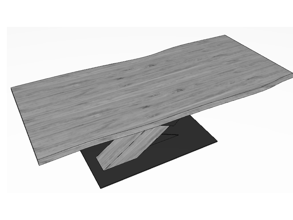 Moderner Holztisch mit gewellter Tischplatte und geometrischer Basis