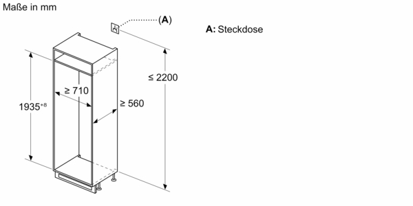 Maßzeichnung des Einbauschranks für die Kühl-Gefrierkombination. Angegeben sind die minimalen und maximalen Maße der Nische in Millimetern sowie die empfohlene Position der Steckdose.