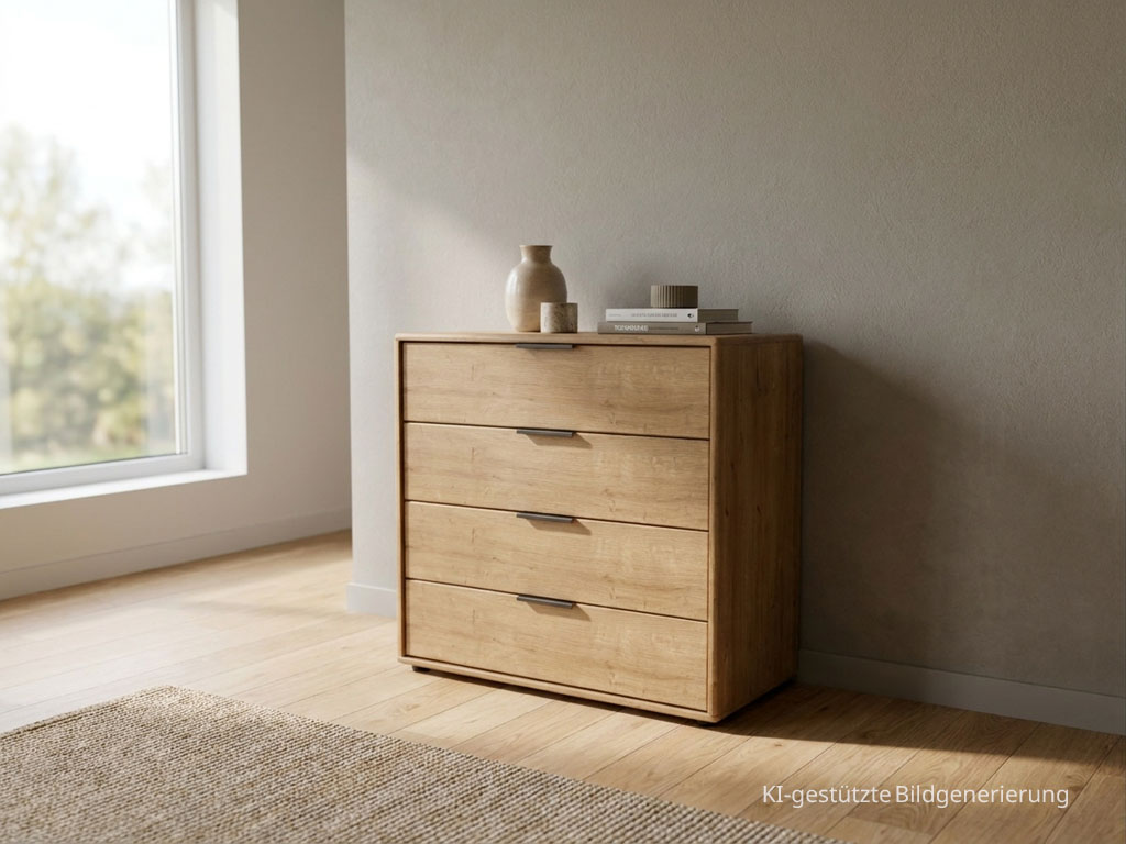 Moderne braune Kommode mit vier Schubladen stilvoll dekoriert in einem modernen Zimmer, Bild KI generiert