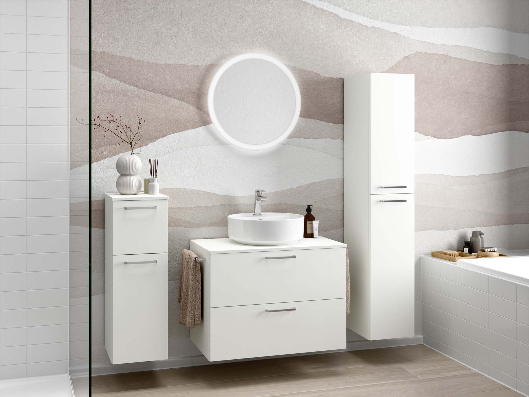 Badezimmermöbel-Set 3 Schränke weiß mit Waschtisch und Spiegel nobilia 