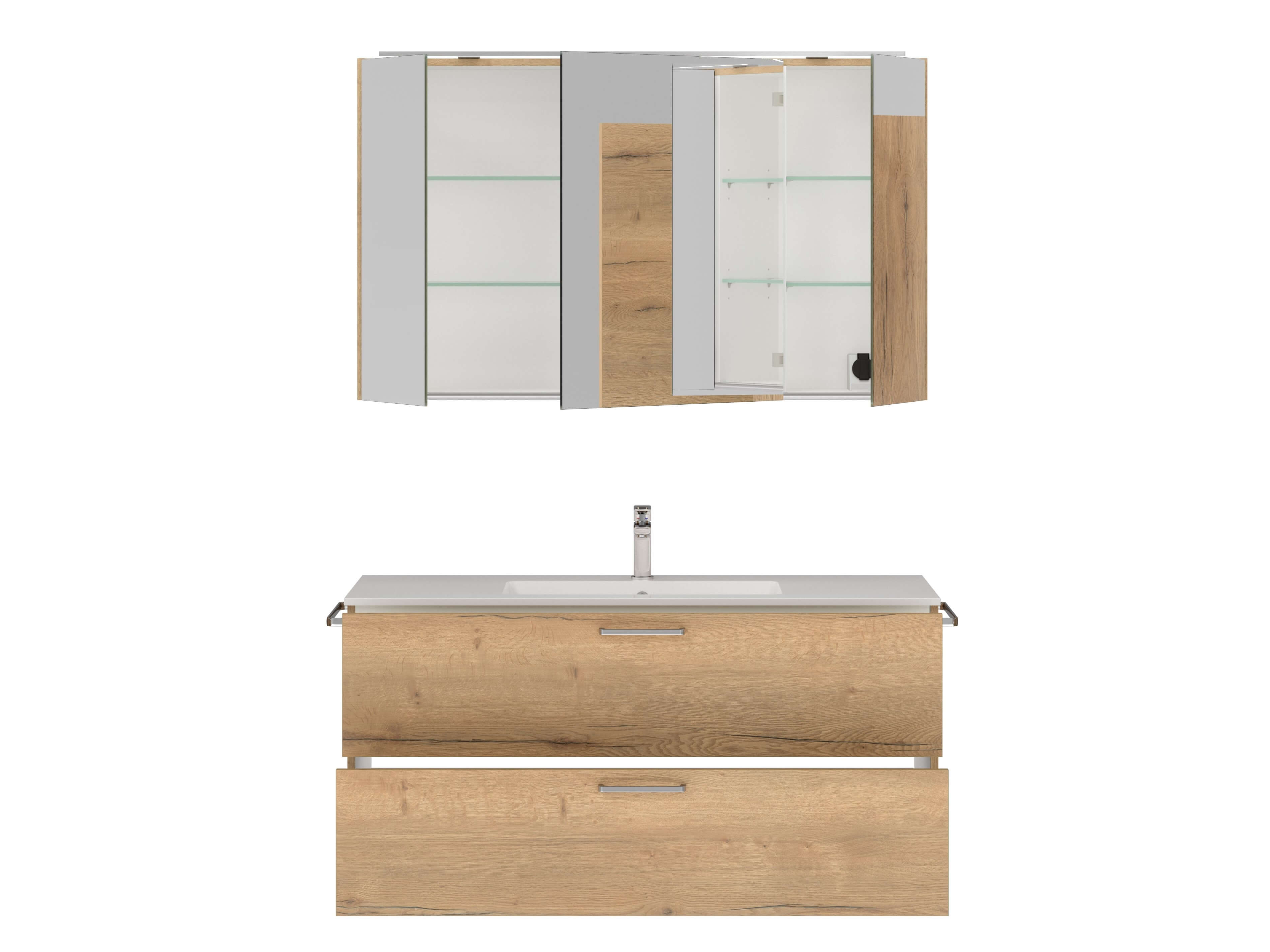 waschtischschrank zwei schubladen und griff braun mit einbauwaschbecken armatur zwei handtuchhalter und spiegelschrank nobilia
