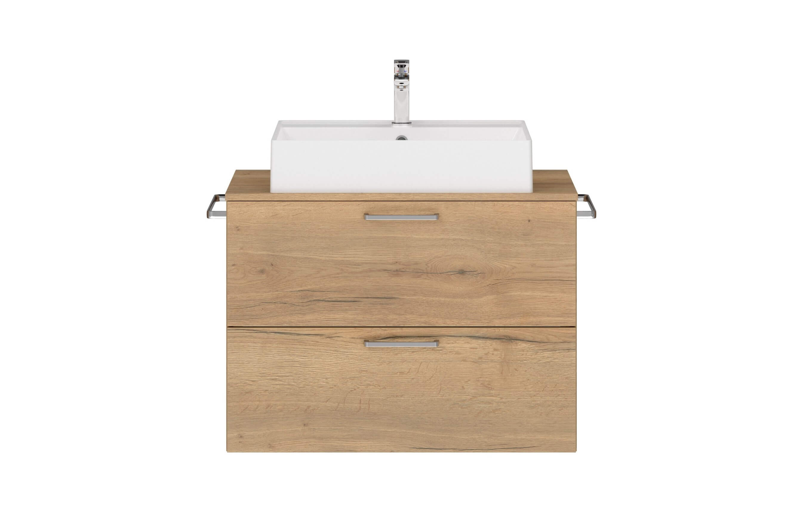 Badschrank braun mit zwei Schubladen mit eckigem Aufsatzwaschbecken Handtuchhaltern und Armatur nobilia