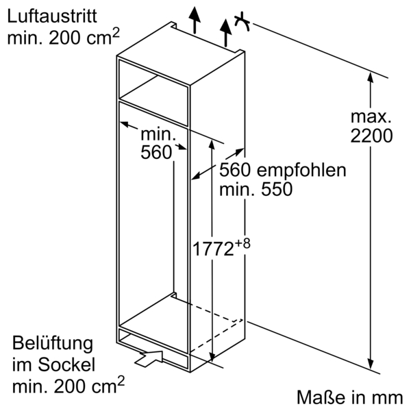 Grafik eines Kühlschrankschachts mit Maßangaben. Höhe max. 2200 mm, Breite min. 560 mm, Lüftungsaustritt und Sockelbelüftung mindestens 200 cm².