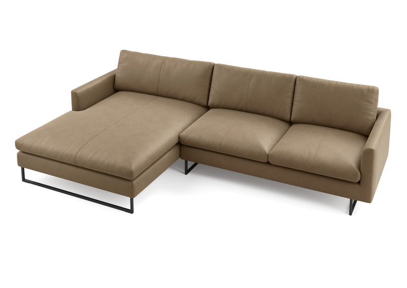 Ecksofa aus braunem Leder mit Chaiselongue und schwarzem Metallgestell