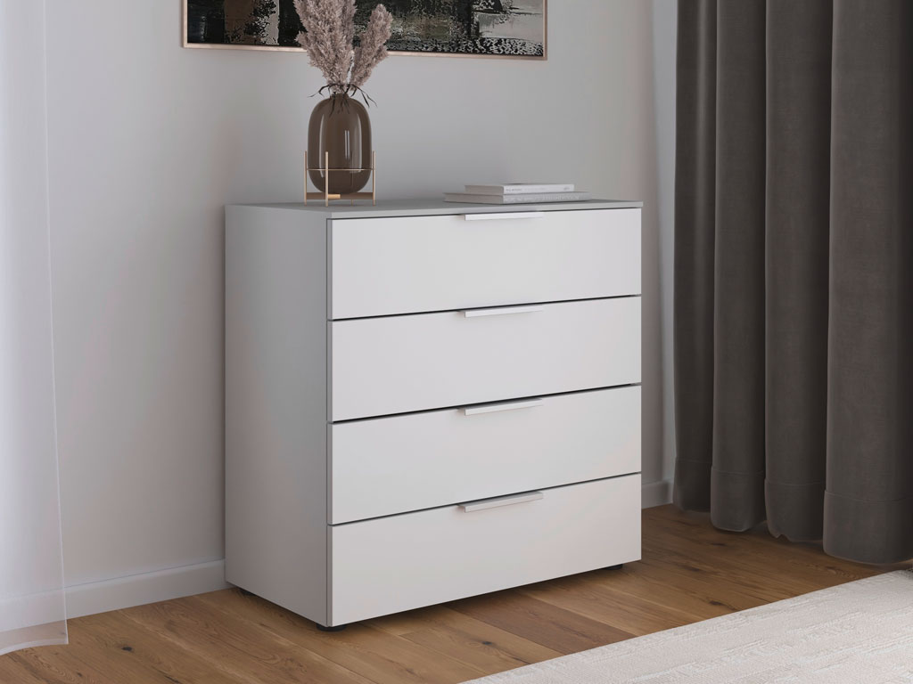 grau, weiße kommode mit vier schubkästen platziert in einem modernen zimmer stilvoll dekoriert