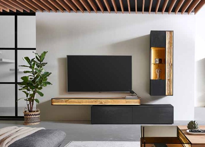 hartmann Kilva - Wohnwand | V28 | B: 290 cm Stilvolles Wohnzimmer mit modernem TV-Möbelset, hängendem Regal und Zimmerpflanze