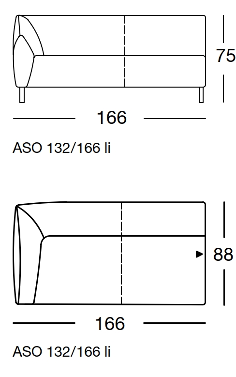 Maßzeichnung eines Sofaelements vor weißem Hintergrund freistil Rolf Benz 132