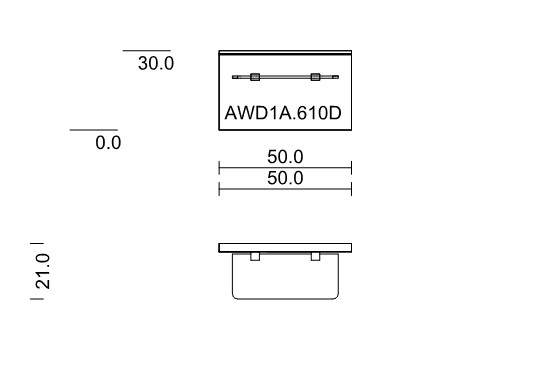 Maßzeichnung eines kleinen Wandpaneels mit Ablage inkl. Beleuchtung vor weißem Hintergrund