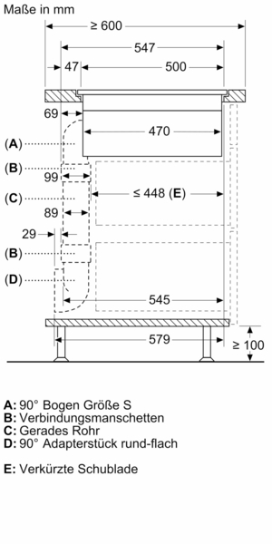 Technische Zeichnung für Küchenschubladen-System mit Maßen und Komponenten wie 90° Bögen, Verbindungsmanschetten, gerades Rohr und Adapterstück.