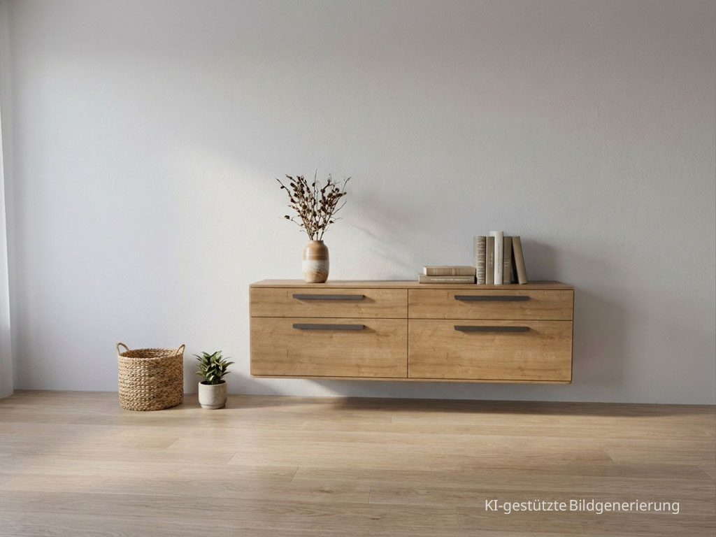 Modernes braunes Hängelowboards mit markanten Griffen stilvoll dekoriert in einem modernen Zimmer, Bild KI generiert