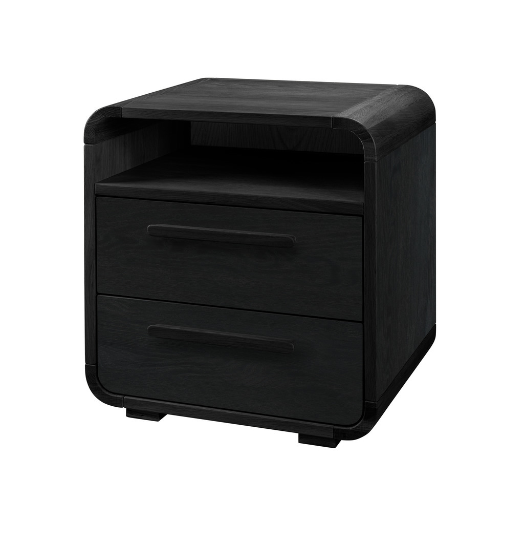 schwarzer Holznachttisch mit zwei Schubalden und offenem Fach mit abgerundeten Kanten vor weißem Hintergrund Presley von Hasena