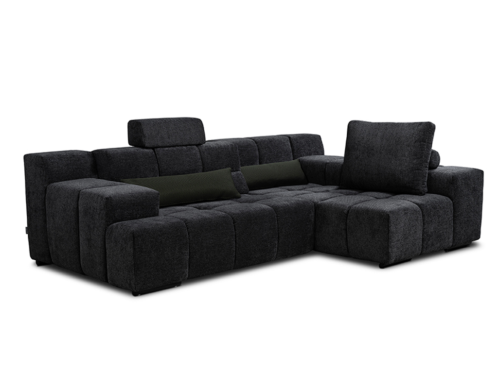 Hochwertiges, dunkelgraues, modulares Sofa aus Textil mit verstellbarer Kopfstütze und großen Kissen