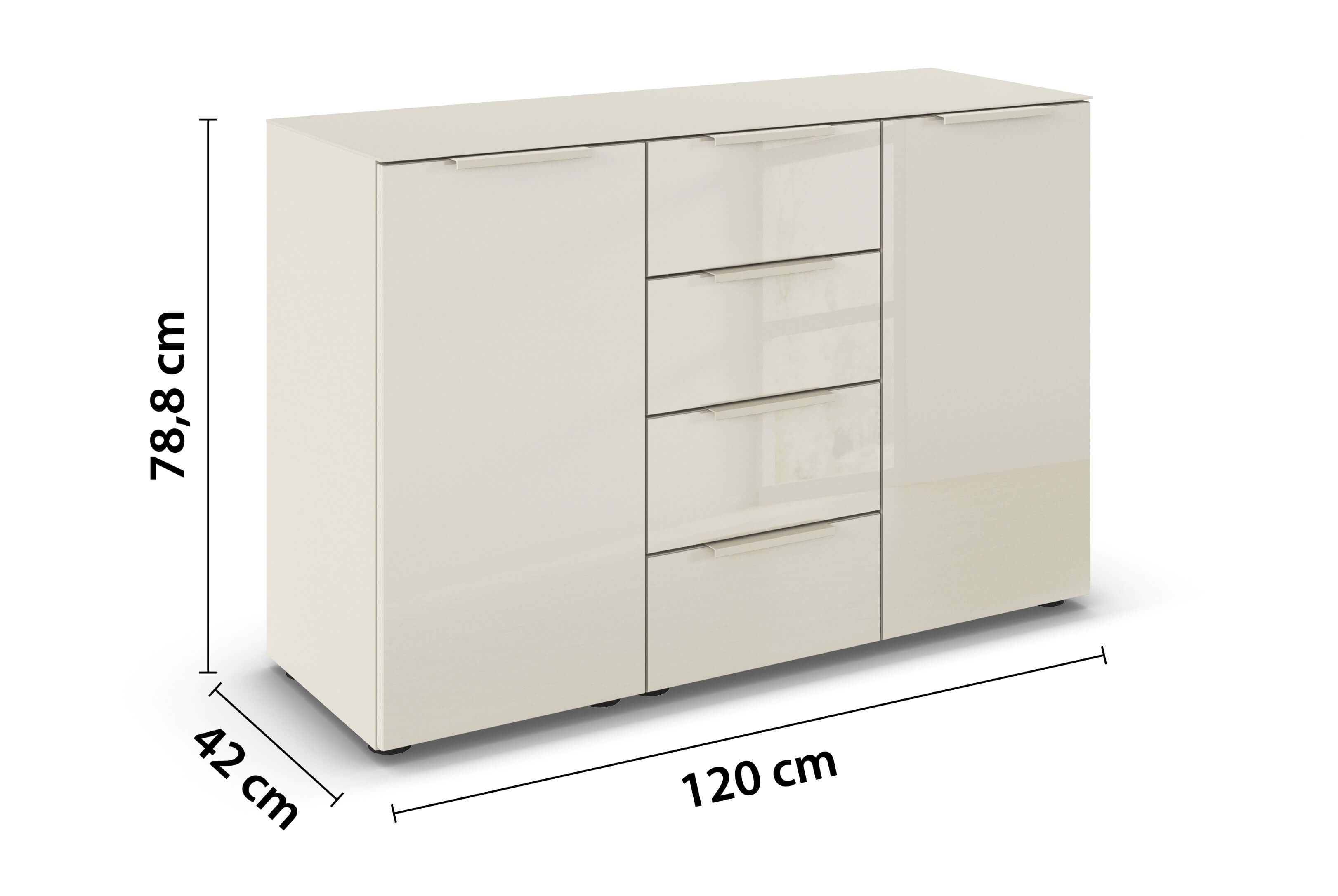 beige Kommode mit vier Schubladen und zwei Drehtüren mit Bemaßung vor weiße Hintergrund