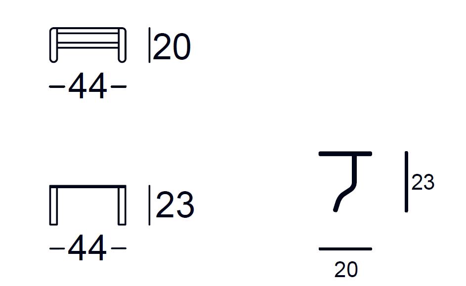 Diagramme von drei Möbelstücken mit Abmessungen: Sitzbank, rechteckiger Tisch, Barhocker. Maße in Zentimetern angegeben.