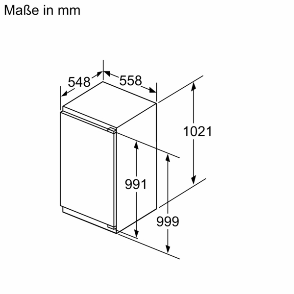 Technische Zeichnung eines Einbaukühlschranks mit den Maßen 548 mm Breite, 558 mm Tiefe und 1021 mm Höhe, angegeben in Millimetern.