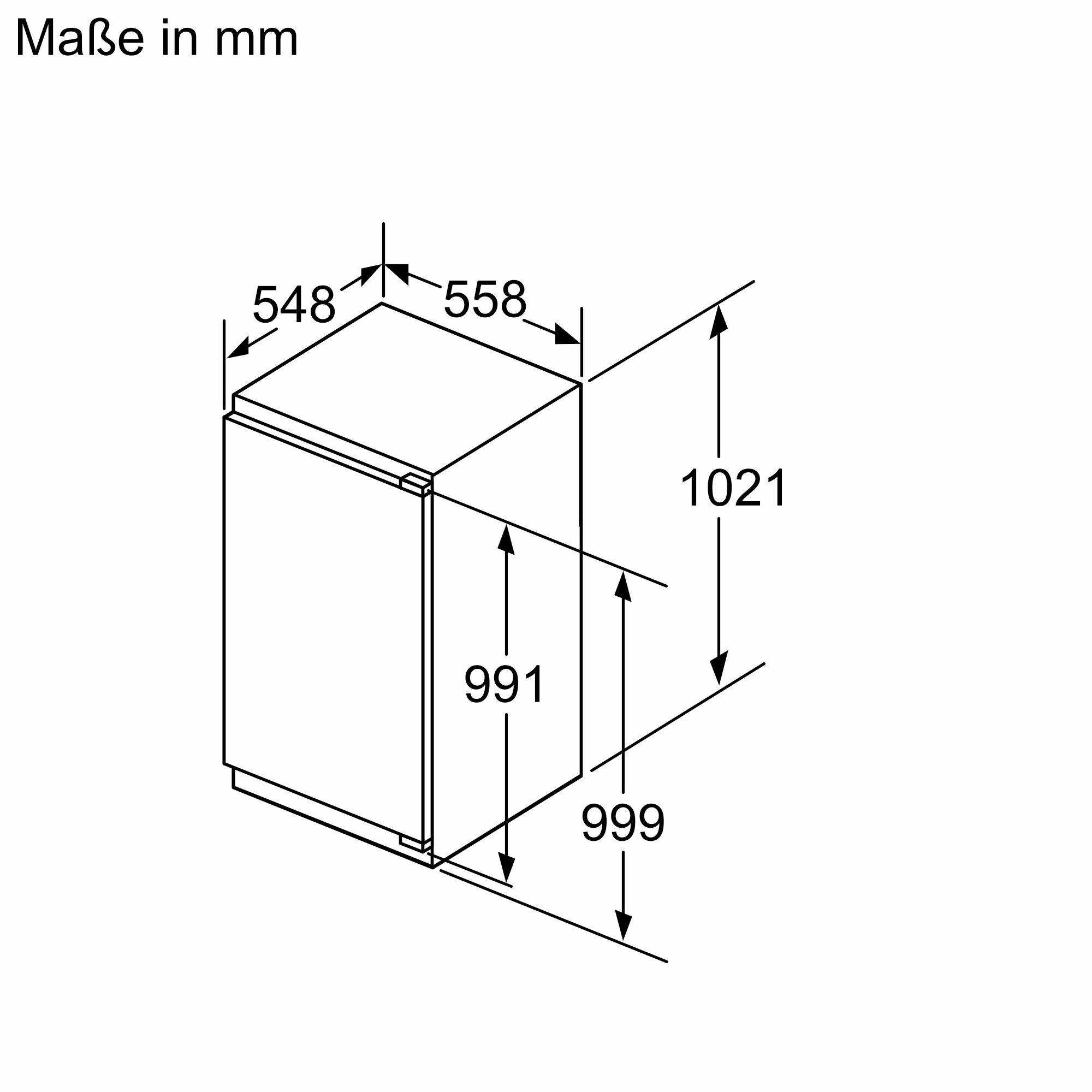 Technische Zeichnung eines Einbaukühlschranks mit den Maßen 548 mm Breite, 558 mm Tiefe und 1021 mm Höhe, angegeben in Millimetern.