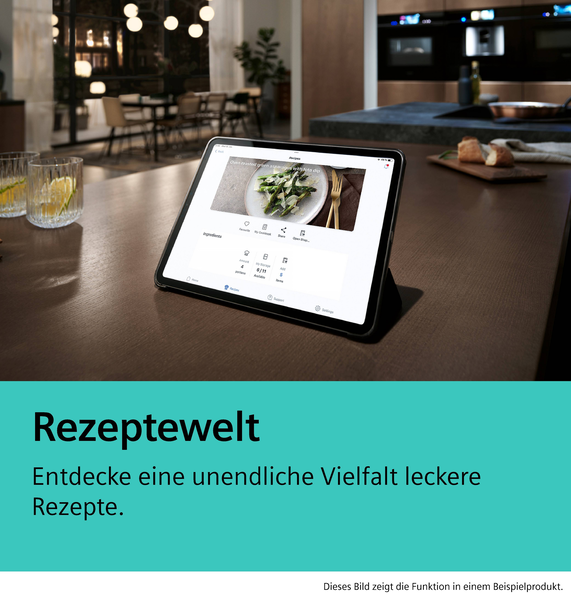 Die Rezeptewelt-Funktion wird auf einem Tablet präsentiert, das eine Vielzahl an Kochrezepten für den Backofen bereitstellt.