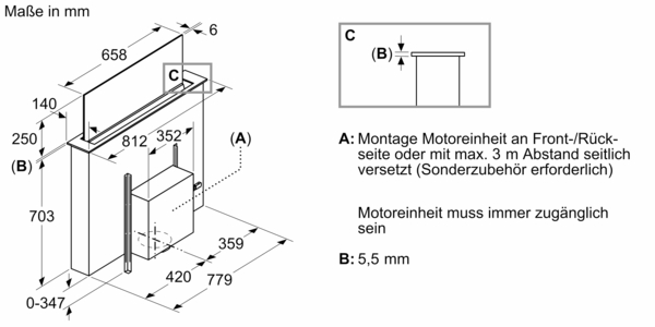 Technische Zeichnung mit Maßangaben zur Montage der Motoreinheit in mm, einschließlich Positionierungsdetails und Abstandsanforderungen.