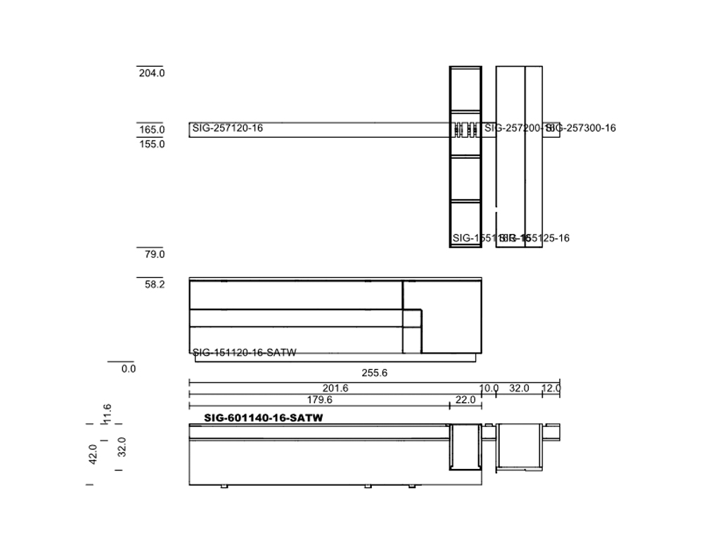 Technische Zeichnung mit Maßangaben eines modularen Küchenschranksystems. Zeigt seitliche und frontale Ansichten mit detaillierten Maßen.