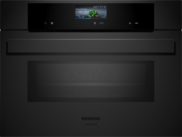 Frontalansicht eines eleganten, schwarzen Siemens Einbaubackofens mit zentralem Farbdisplay und minimalistischem Design.