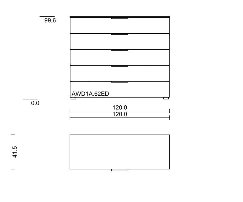 Maßzeichnung einer Kommode mit 5 Schubladen vor weißem Hintergrund
