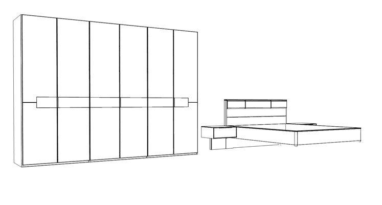 Illustration eines sechstürigen Schrankes und einem Bett mit Nachtschränken vor weißem Hintergrund