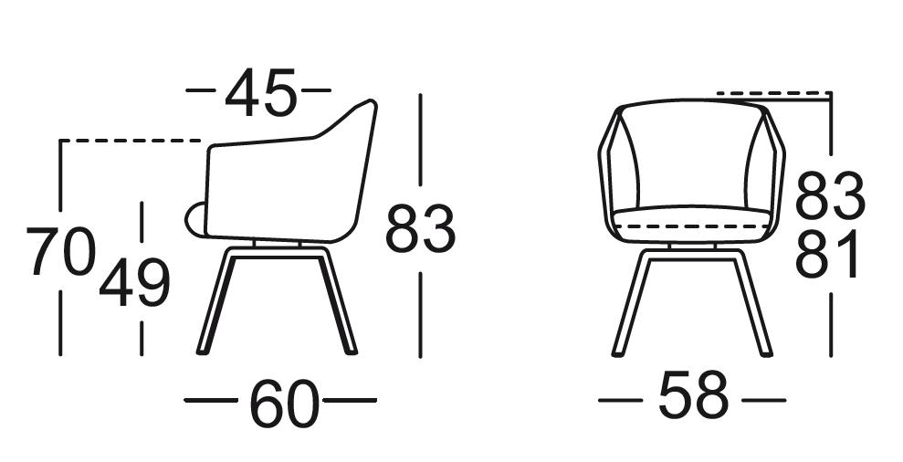 Schwarz-weiße technische Zeichnung eines modernen Stuhls mit detaillierten Maßangaben wie Höhe 83 cm, Breite 60 cm und Sitzhöhe 49 cm
