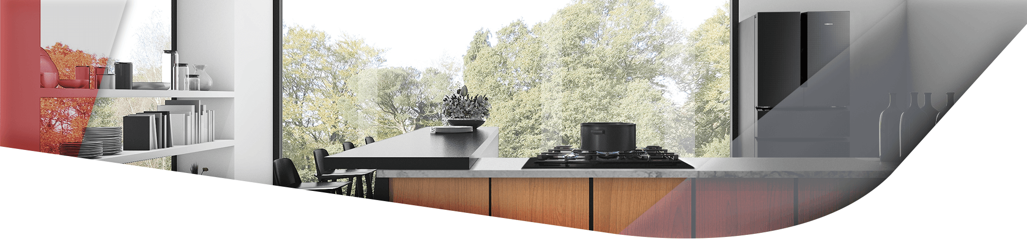 Moderne Küche mit Siemens Elektrogeräten. Im Hintergrund ist eine Glasfornt zu erkennen mit Ausblick ins Grüne.