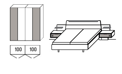 Illustration von einem Schrank mit vier Türen und Maßangaben und einem Bett mit zwei Konsolen vor weißem Hintergrund