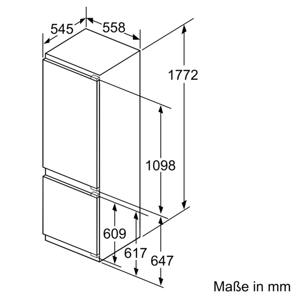 Technische Zeichnung eines Kühlschranks mit Gefrierfach, Maße in Millimetern angegeben: Höhe 1772 mm, Breite 558 mm, Tiefe 545 mm.