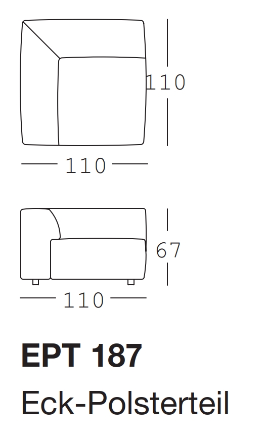 Maßzeichnung eines Sofaelements vor weißem Hintergrund freistil Rolf Benz 187