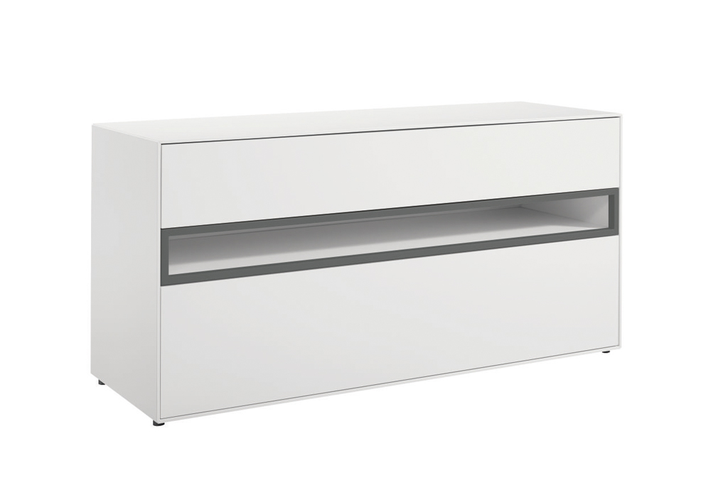 now! by hülsta. easy | Sideboard 2 Schubladen, offenes Fach | Lack-reinweiß | B: 128 cm| Rahmen Lack-hellgrau | 44114