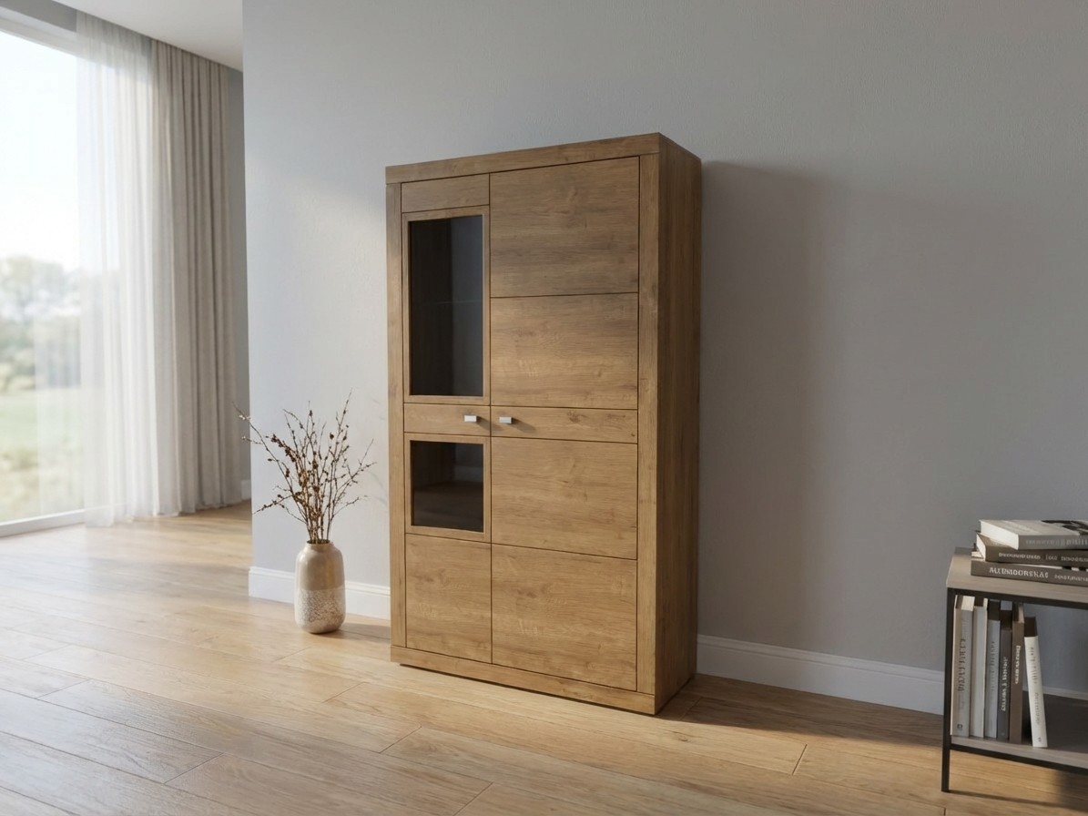 moderner brauner Schrank stilvoll dekoriert in einem hellen Raum, Bild KI generiert