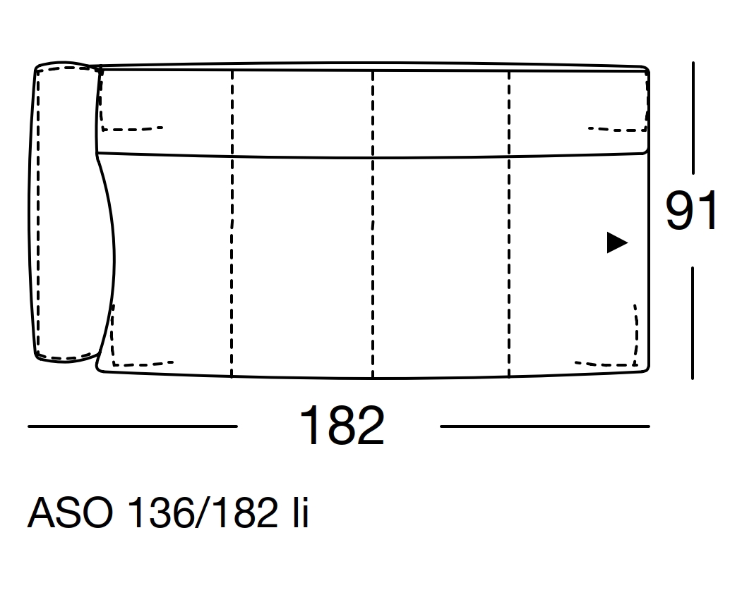 Maßzeichnung eines Sofaelements vor weißem Hintergrund freistil Rolf Benz 136