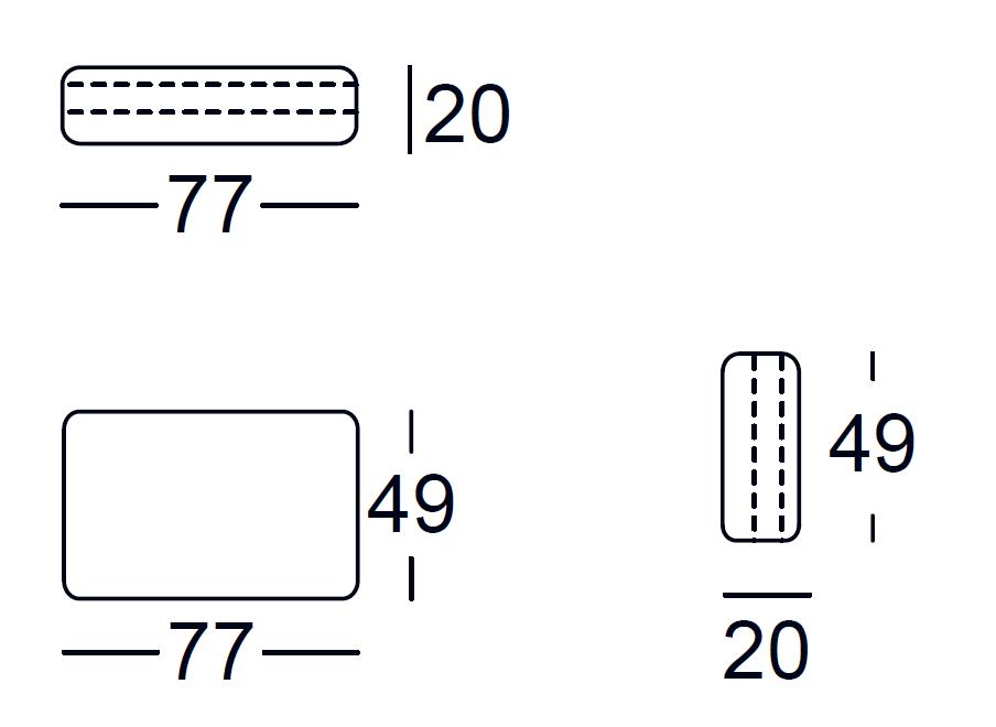 Diagramm zeigt die Maße eines rechteckigen Objekts: 77 mm Länge, 49 mm Breite, 20 mm Höhe