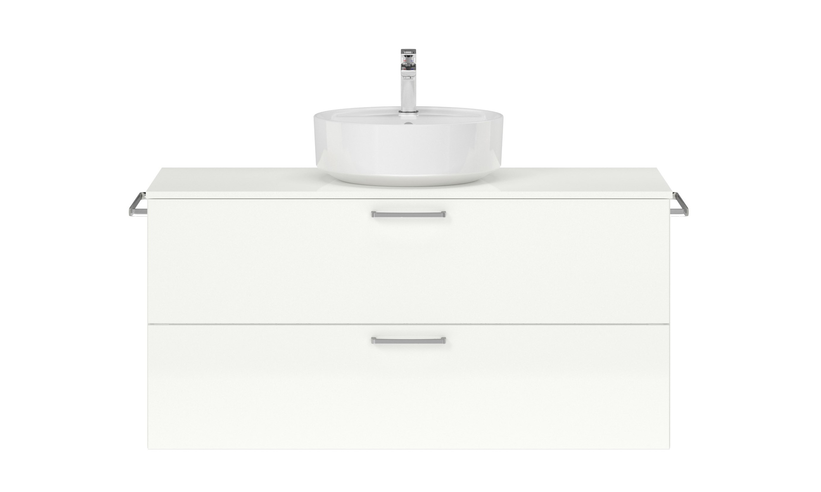 Badschrank weiß mit zwei Schubladen mit rundem Aufsatzwaschbecken Handtuchhaltern und Armatur nobilia