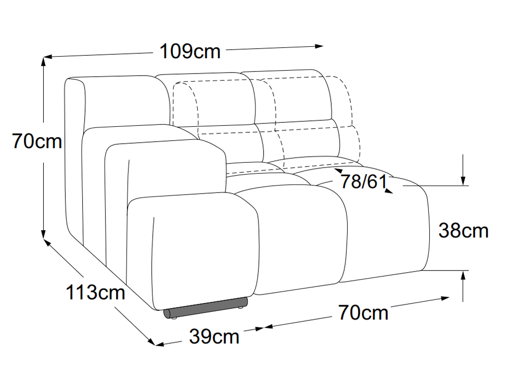 designwerk Temple - Element 70 Armteil links | B: 109 cm | mit Rückenverstellung | D021104 Maßzeichnung eines Sofaelements vor weißem Hintergrund designwerk Temple
