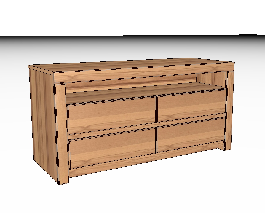 Wöstmann Soleo 3000 - Lowboard | Type 1351 | B: 131,2 cm | konfigurierbar Ein moderner Holzschrank mit vier Schubladen und einer offenen Ablage, ideal für Wohnzimmer oder Büro.