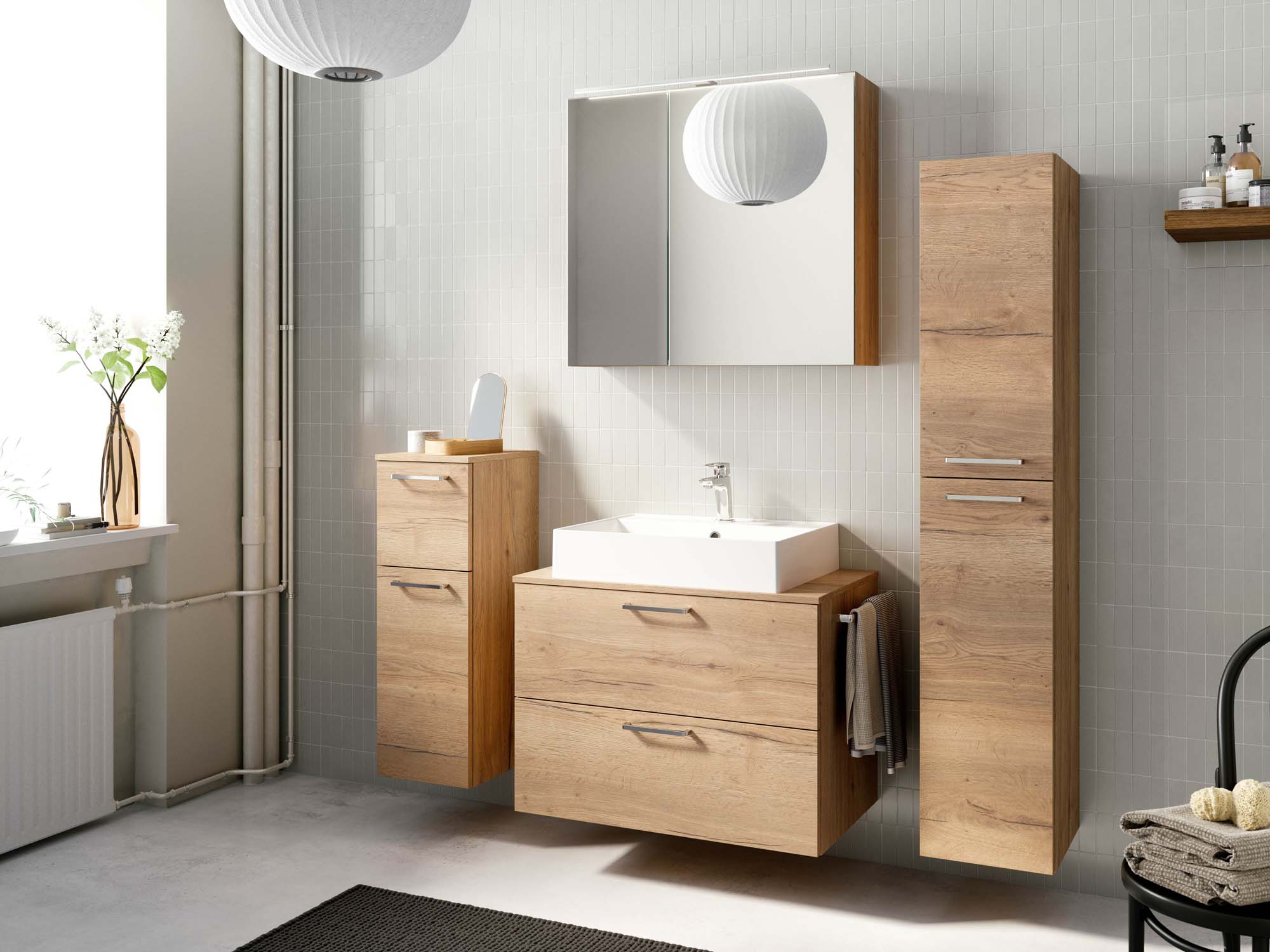 Badezimmermöbel-Set 3 Schränke braun mit Waschtisch und Spiegelschrank nobilia 