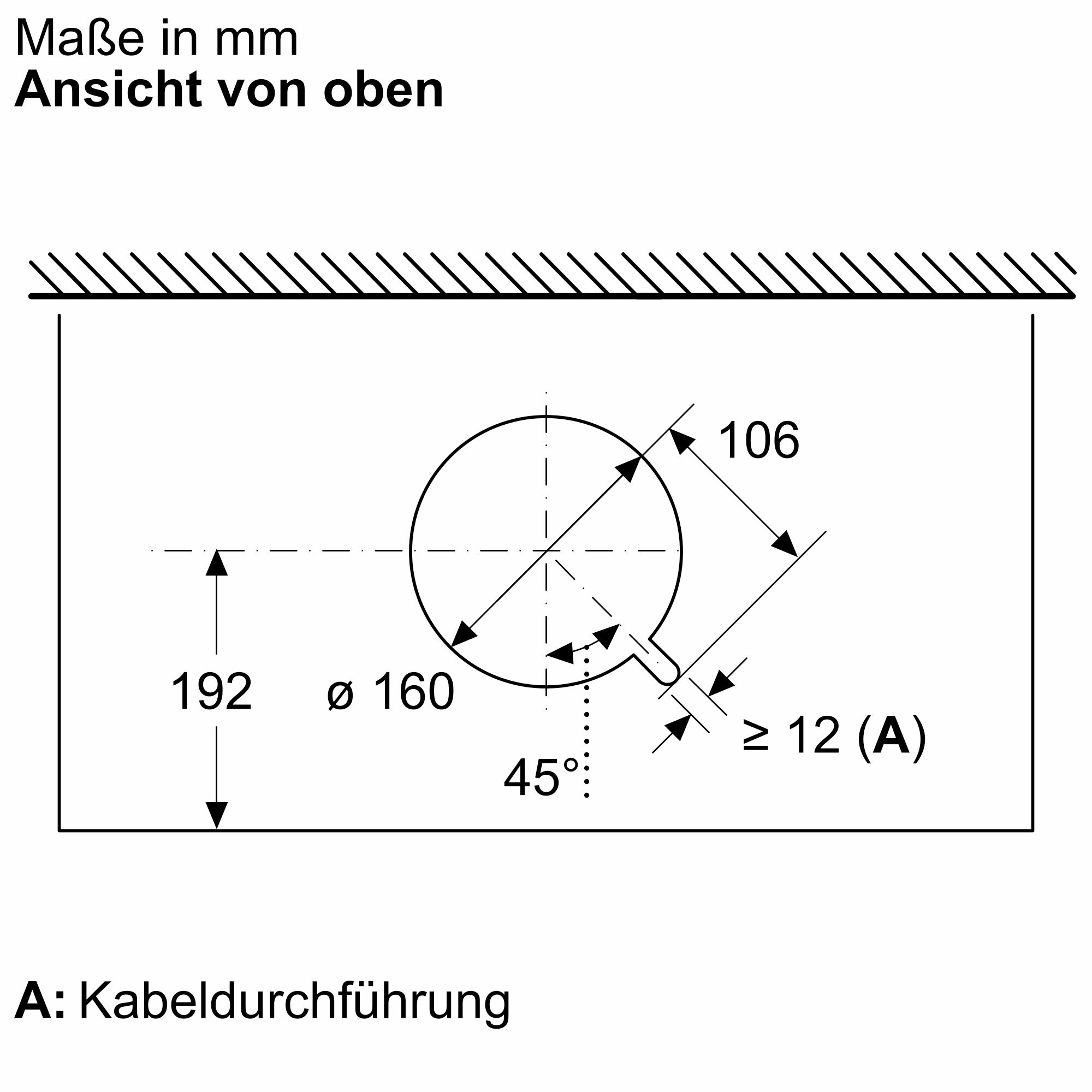 Ansicht von oben: Technische Zeichnung mit Maßen in Millimetern, die die Position und Größe der Abluftöffnung mit einem Durchmesser von $160$ Millimetern sowie die Lage der Kabeldurchführung im Oberschrank zeigt.