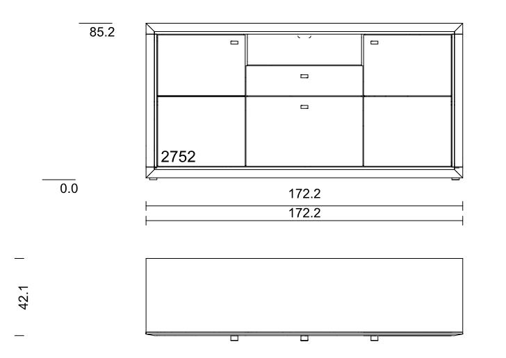 Technische Zeichnung eines Schranks mit genauen Maßen und Ansichten zur Vorder- und Seitenansicht. Maße sind 172,2 cm Breite, 85,2 cm Höhe und 42,1 cm Tiefe.