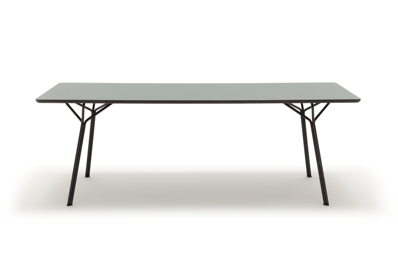 Schlichter, moderner Esstisch mit grauer Tischplatte und schwarzem Metallgestell