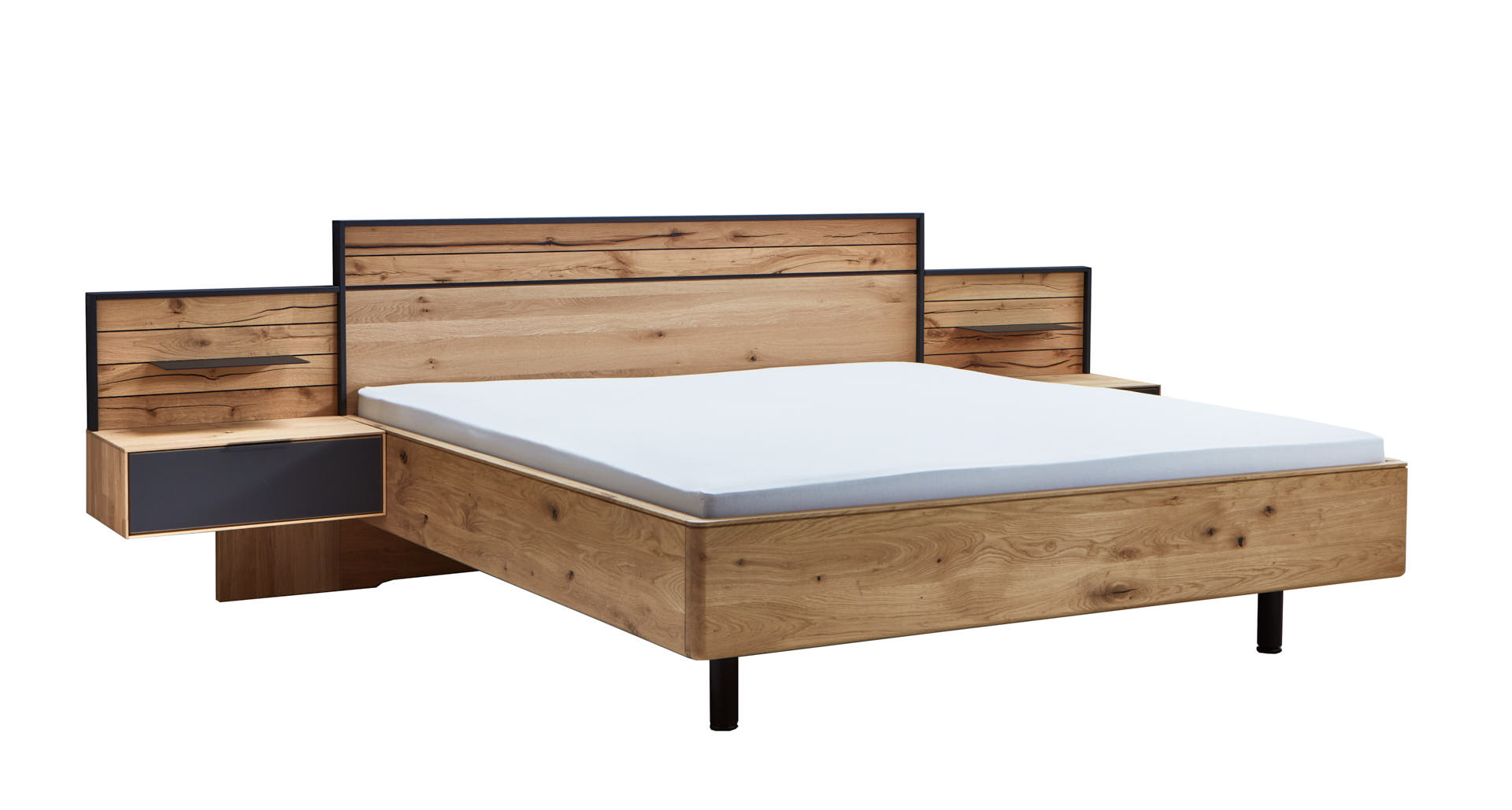 Holzbett aus hellem Holz mit integriertem Kopfteil und seitlichen Schubladen