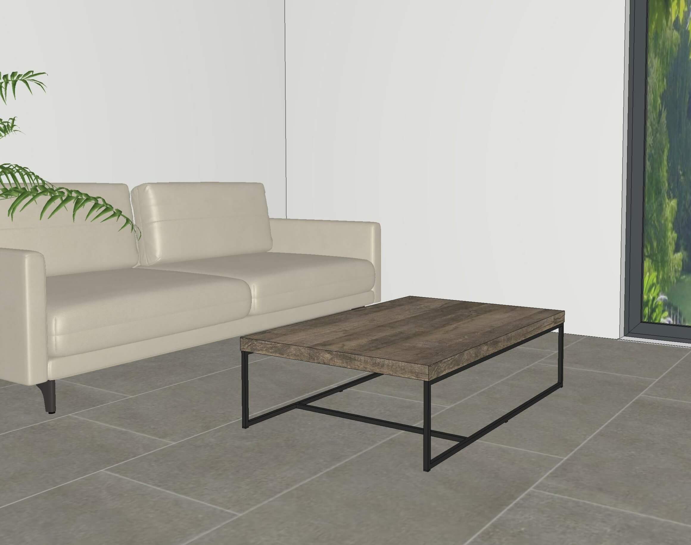 couchtisch braun mit schwarzen metallgestell an beigem sofa und pflanze