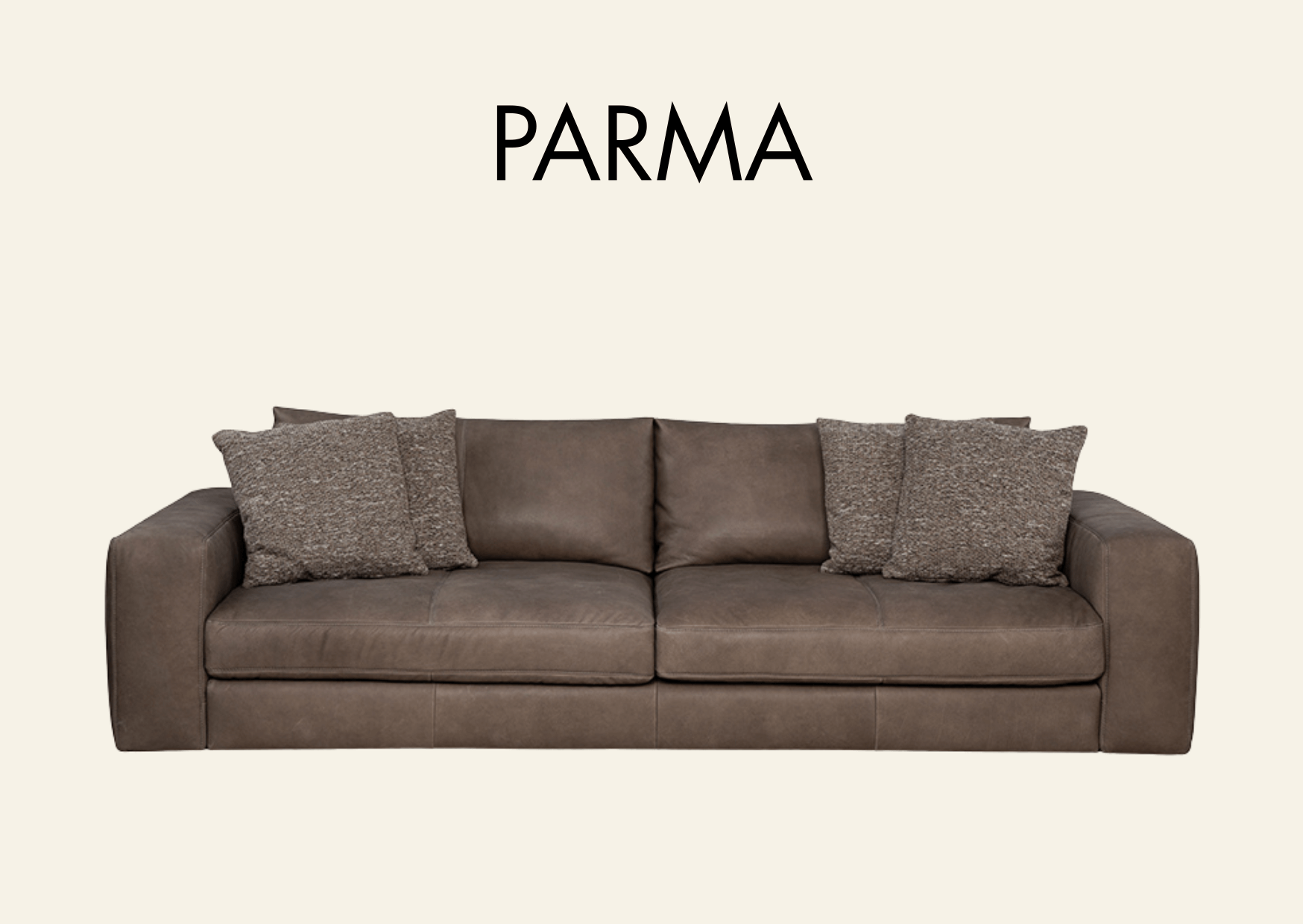 Ledercouch in braun mit Aufschrift "Parma"