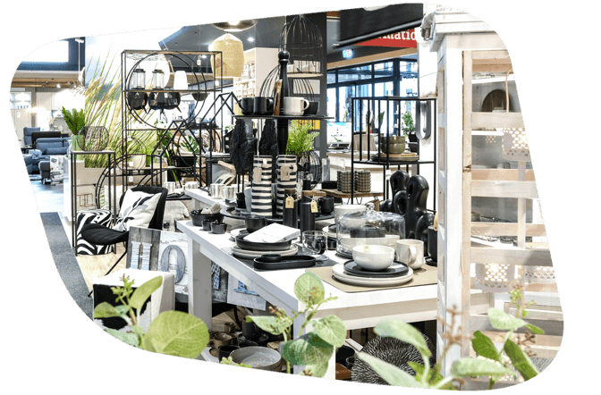 Boutique mit Deko in schwarz und Kunstpflanzen in grün
